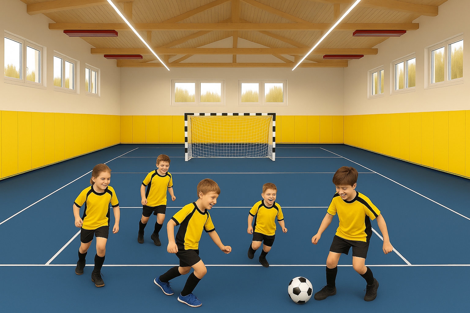 Visualisierung: So könnte unsere Turnhalle nach der Sanierung mit blauem Boden und gelben Prallschutzwänden aussehen.