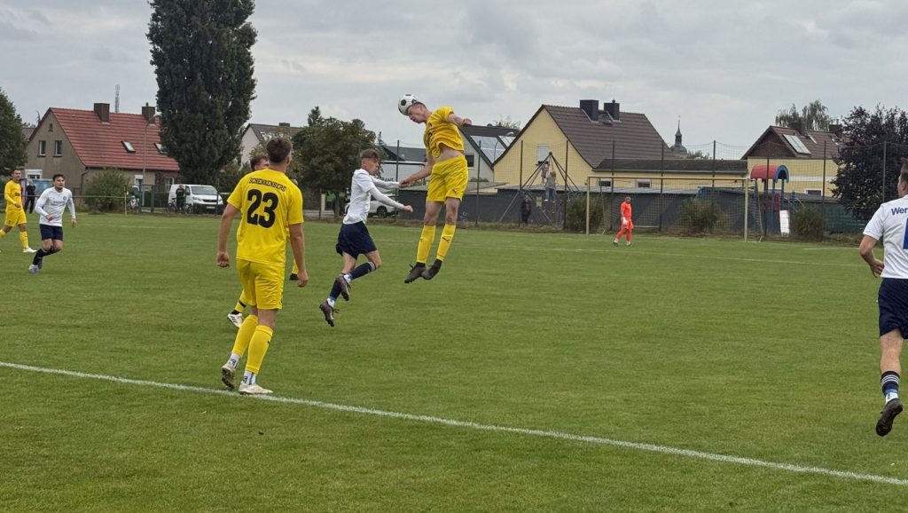 Spieler von Concordia Schenkenberg im Kopfballduell gegen Blau-Weiß Wermsdorf.